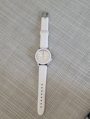 Michele White Leather Strap Watch with Silver Case